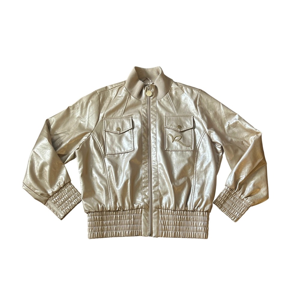 Rocawear Womens Metallic Gold Faux Leather Bomber Jacket 1X 382A080737